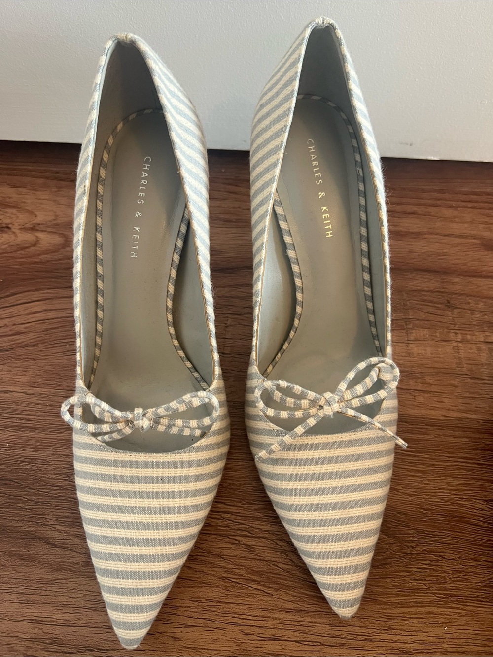 Charles & Keith Light Blue and White Striped Pointed Toe Heels with Bow
